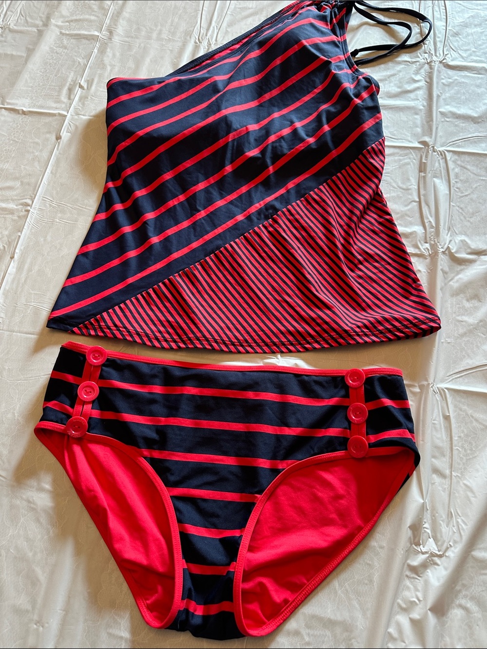 DKNY Red and Navy Striped Bandeau Tankini Set